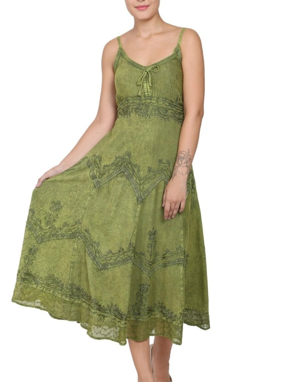 Sakkas Olive Green Lace-Trim Midi Dress. Peasant. Earthcore. Whimsigoth.